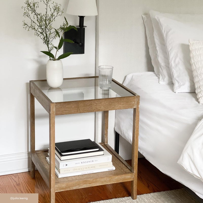 Nathan James 33301 Hayes Solid Wood Nightstand, Bedside, End or Side Table in Light Brown Wood Finish & Glass Top with Open Storage Shelf, 18 in x 18 in x 22 in - Image 3